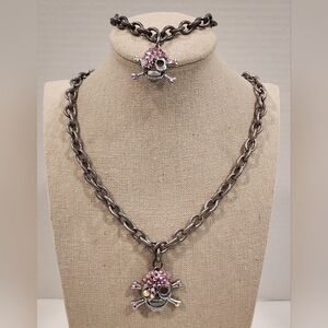 Goth Pink Rhinestones Cross Skull Toggle Necklace Choker Gothic & Bracelet